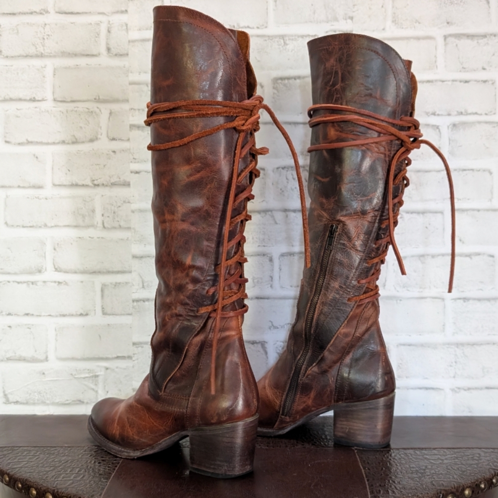 FreeBird By Steven COSMO Cognac Distressed Leather Back Lace Up Corset Boots 9 - Picture 10 of 13